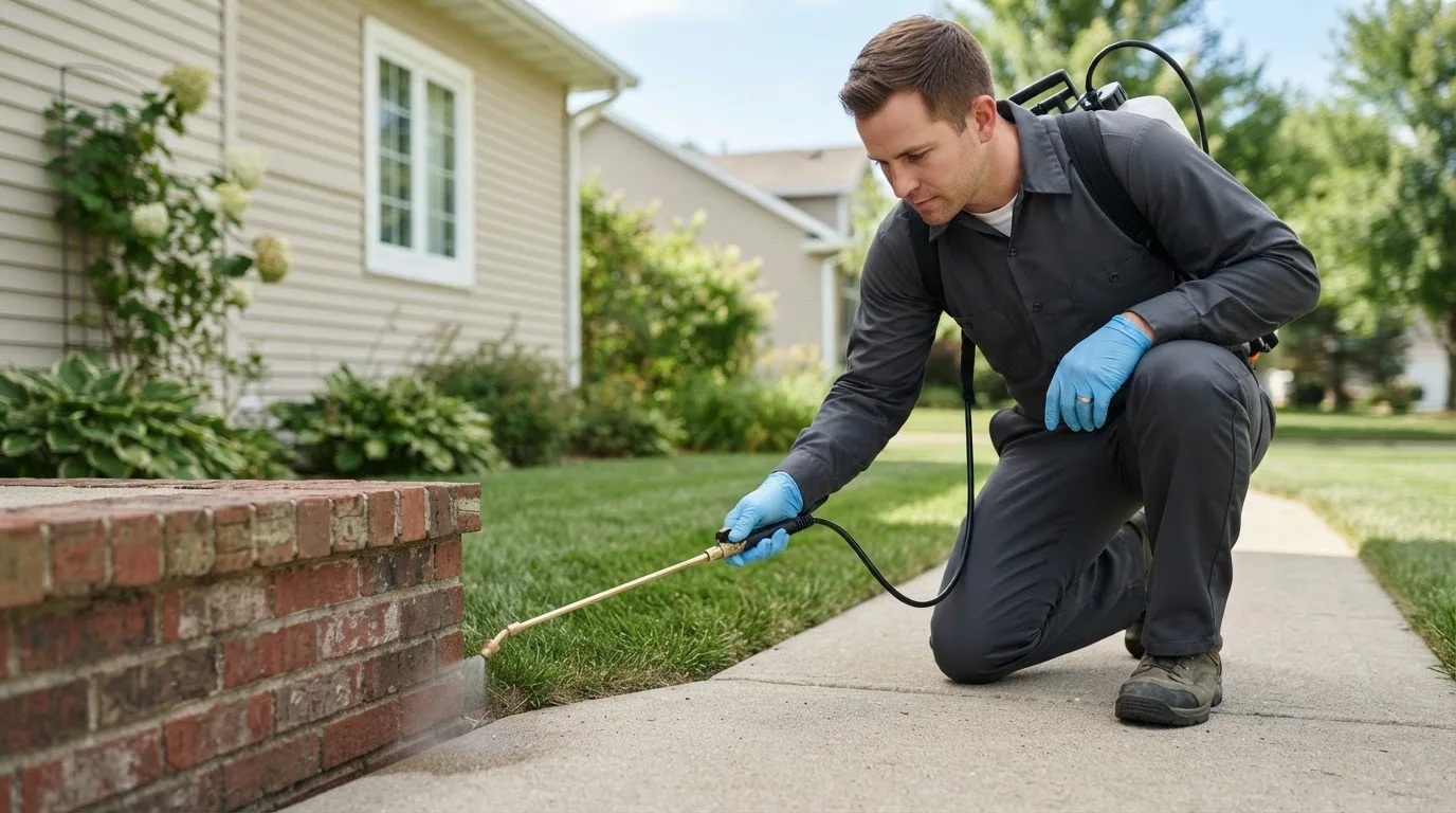 Pest control technician treating a home near Maple Heights, OH